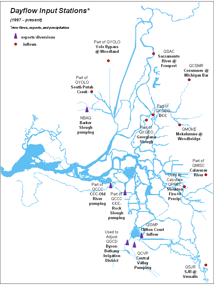 Dayflow input Station Locations. Contact tyler.edwards@water.ca.gov if you need more information about this image.