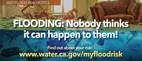 Cover graphic for the 2021 flood risk notification mailer showing a flooded room with household items floating
