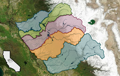Satellite imagery from NOAA's GOES system taken during California's historic 2023 water year showing the Sierra Nevada with colored overlays delineating the five study areas of the San Joaquin Basin Flood‑MAR Watershed Studies (from north to south: Calaveras, Stanislaus, Tuolumne, Merced, and Upper San Joaquin).