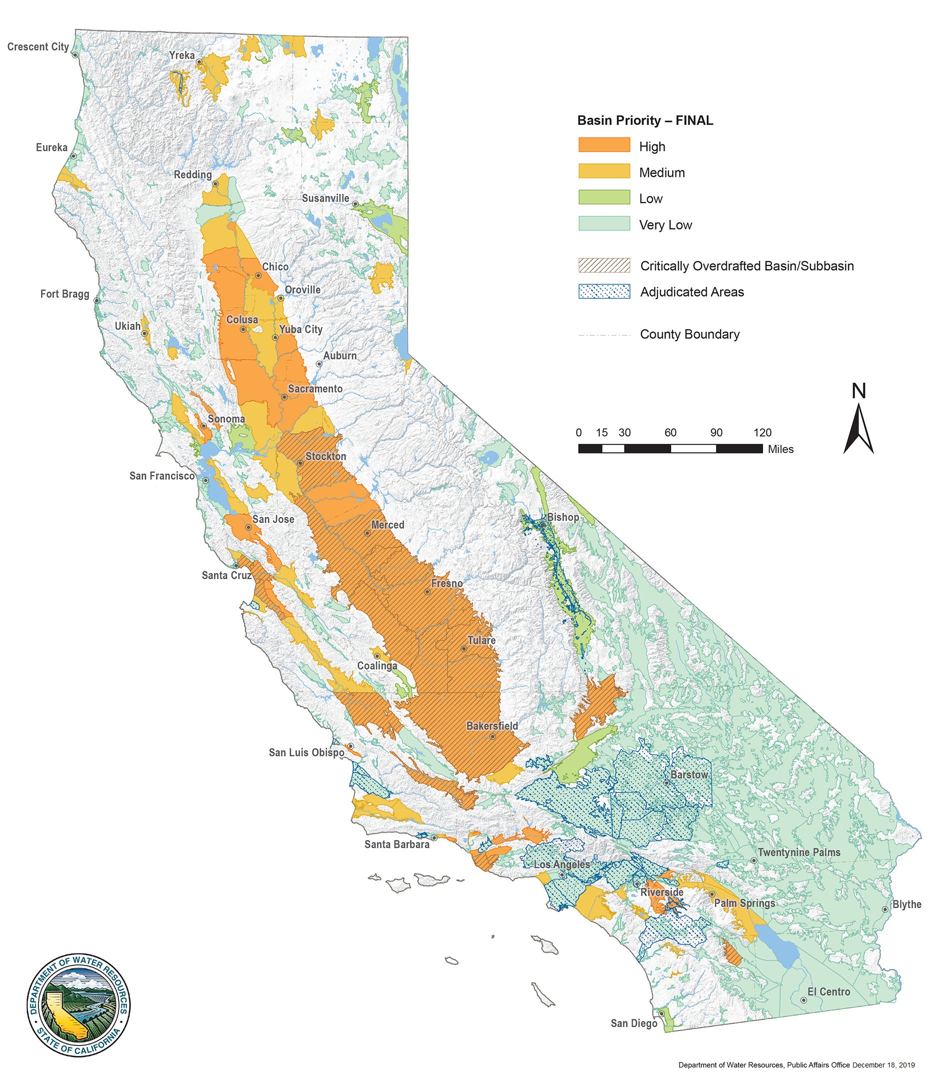 This is a map of the State of California displaying the results of the Sustainable Groundwater Management Act (SGMA) 2019 Basin Prioritization Project for each of the state’s 515 groundwater basins. Basins are displayed in four different colors to differentiate a very low-, low-, medium- or high basin priority. A table showing the specific basin prioritization of each basin can be found in the SGMA 2019 Basin Prioritization Process and Results Document. For further information about SGMA 2019 Basin Prioritization or this figure please read the narrative and review the links on the page. If you have questions or need additional assistance please send an email to sgmp@water.ca.gov.