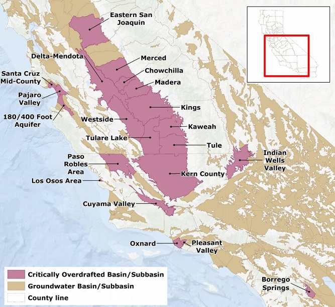 Map of Critically Over drafted Groundwater Basins in California. See associated PDF  for more details about specific basins. 