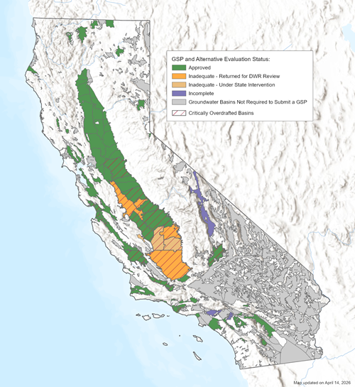A map of California highlighting the status of GSPs throughout the state.