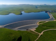 A drone aerial view of Bethany Dams and Reservoir, located on the California Aqueduct and downstream from the Harvey O. Banks Pumping Plant. The reservoir serves as the forebay for the South Bay Pumping Plant and recreational opportunities in Alameda County.
