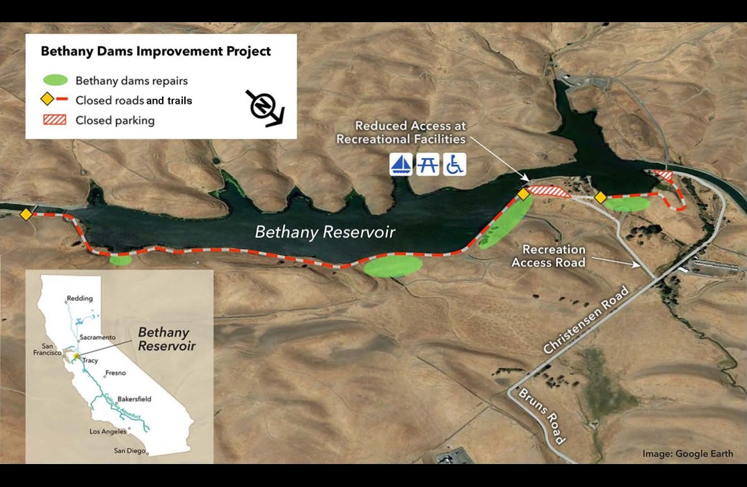 The Bethany Dams Improvement Project map shows four improvement repair sites to the Bethany Forebay Dam and four saddle dams in Alameda County. Sites are located along Bethany Reservoir, which is located near Tracy and south of Sacramento. Christensen Road provides entrance to Bethany Reservoir. With parking closed due to the project, there are new temporary parking locations near the boat launch ramp and picnic area. Bethany dam repair sites are identified with green circles. Closed roads are on the northern side of the reservoir. Temporary parking is shown with blue boxes. 