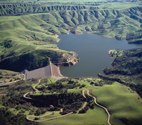 Aerial view of Del Valle Dam and Lake Del Valle.
