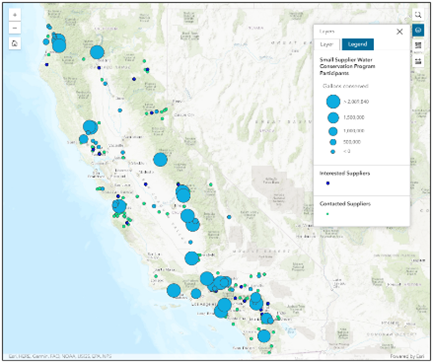 Snapshot from the Program Dashboard of a GIS interactive California map showing the locations of assisted small water suppliers.
