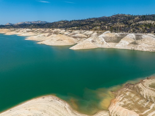 Aerial drone view of the South Fork of Lake Oroville in Butte County, California