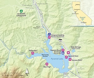Pyramid Lake Recreation Map, showing campgrounds, beaches, picnic areas, and more. If you require further assistance, call (916) 653-5791 or email accessibility@water.ca.gov