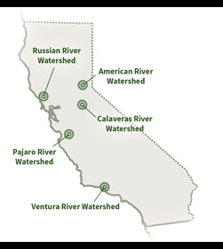 Image of the five Pilot Watershed locations showed in an outline of the state of California