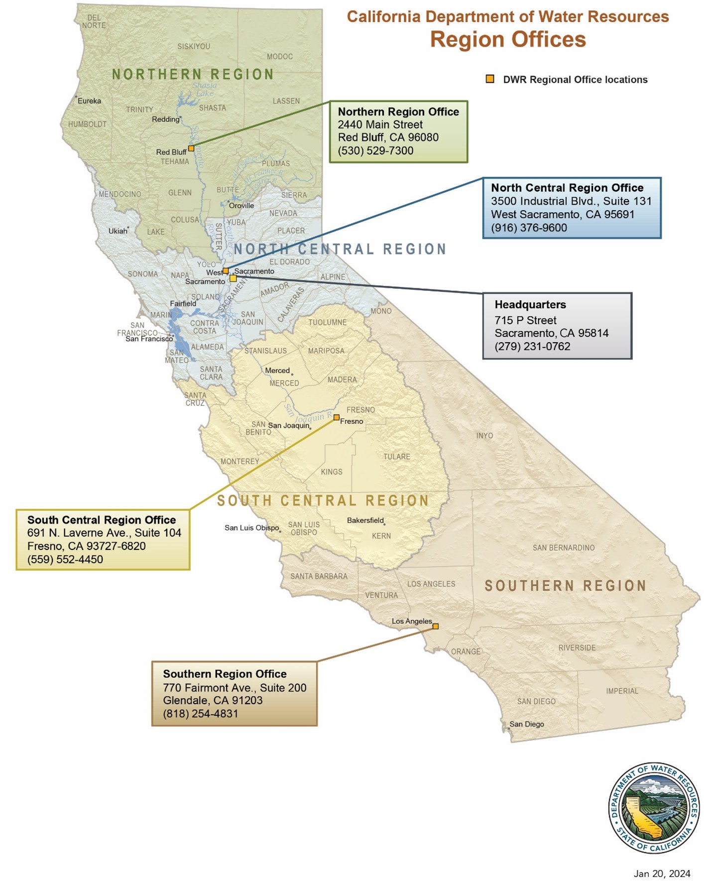 Map showing the four DWR Region Offices and headquarters.
