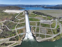 A drone view of Oroville Dam and main spillway at Lake Oroville in Butte County, California. Photo taken March 11, 2025.