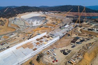 A drone provides an overview of the recovery effort on the upper chute of the Lake Oroville main spillway and the emergency spillway splashpad