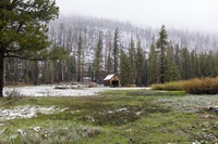 Light snow is seen on the meadow where the California Department of Water Resources prepares to conduct the fourth media snow survey of the 2026 season at Phillips Station in the Sierra Nevada. Photo taken April 1, 2026.